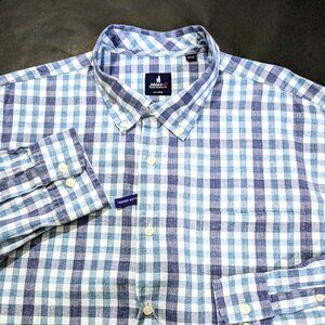 $148 Johnnie-O Tucked Cotton Blend Button Up Shirt Size 2LX Laguna Blue Checked